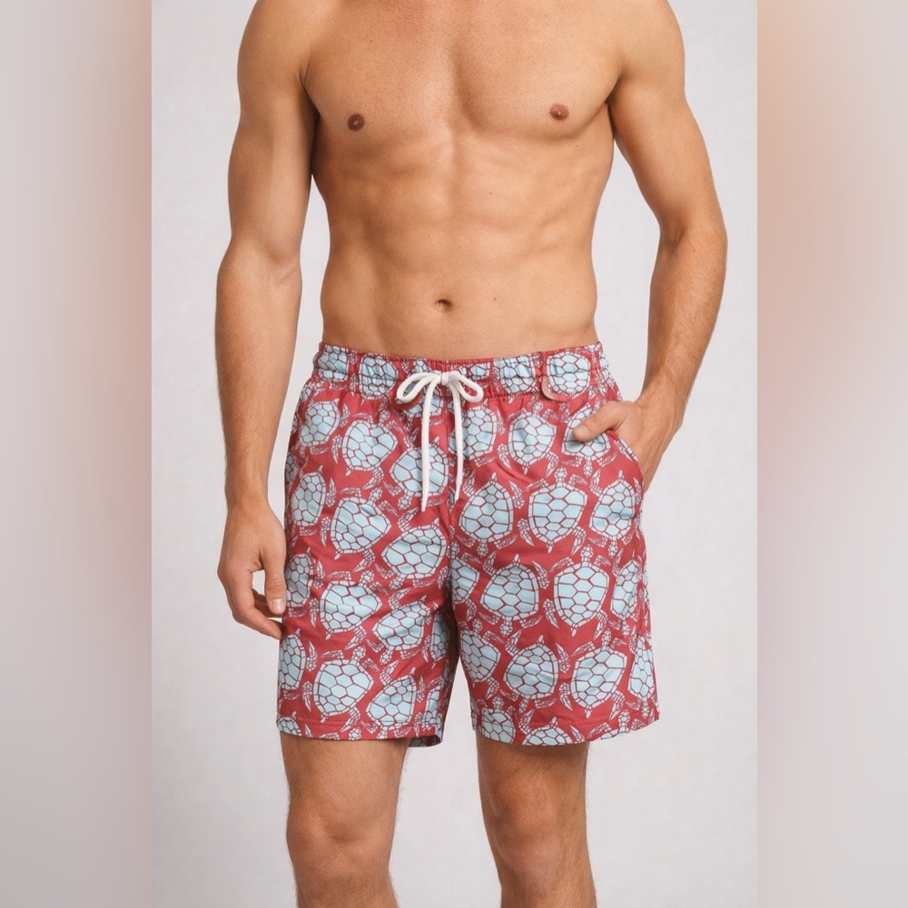 J.Crew Flex Swim Trunks Mens M 8” Inseam Turtle Print Red Blue NWT Lined
